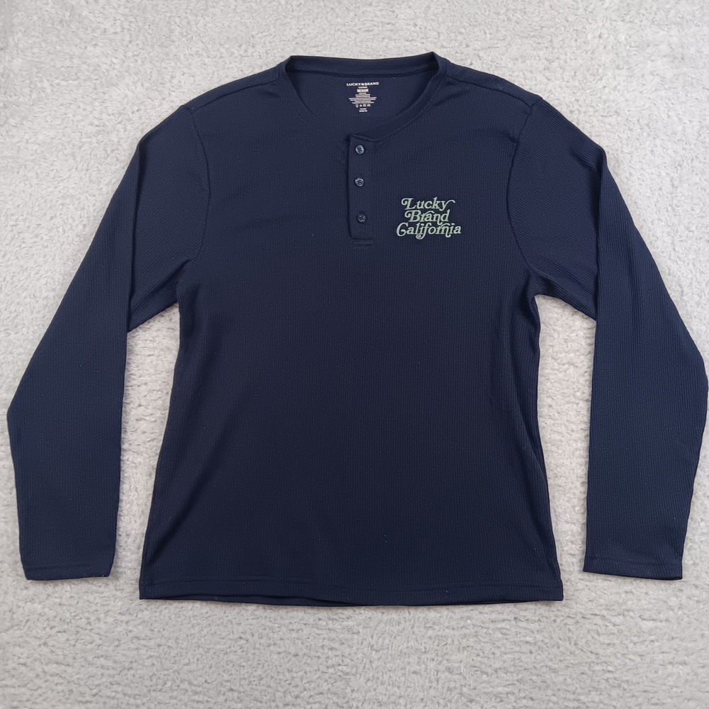 Lucky Brand Henley Sleep Shirt Mens M Navy Blue Waffle Knit Graphic Logo ID# 309